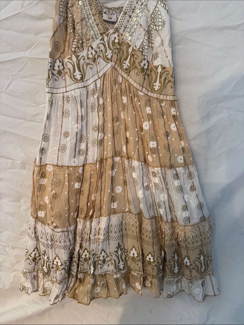 Ananta Festival Bohemian Spaghetti-Strap Dress in Beige and White - Picture 5 of 7